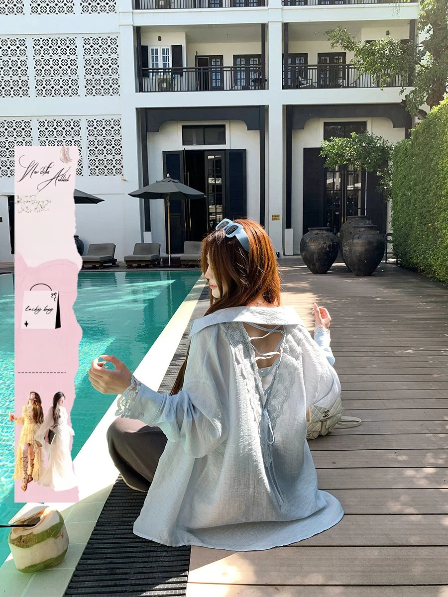 

Annie Soft 85% Lyocell Lace Trim Splice Micro See-tough Loose Women's plus Size irt Casual Long Sve Button up Top