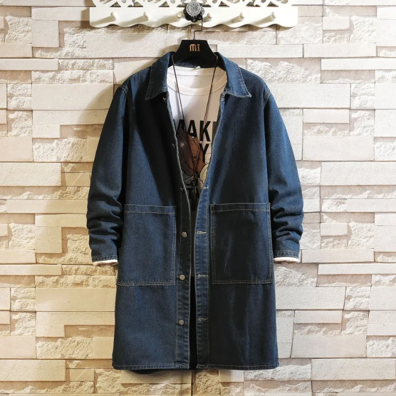 

Men Long Jean Jacket Winter Men Trend Big Pockets Turn-down Collar Trenchcoat Outerwear Fashion Black Loose Denim Coats