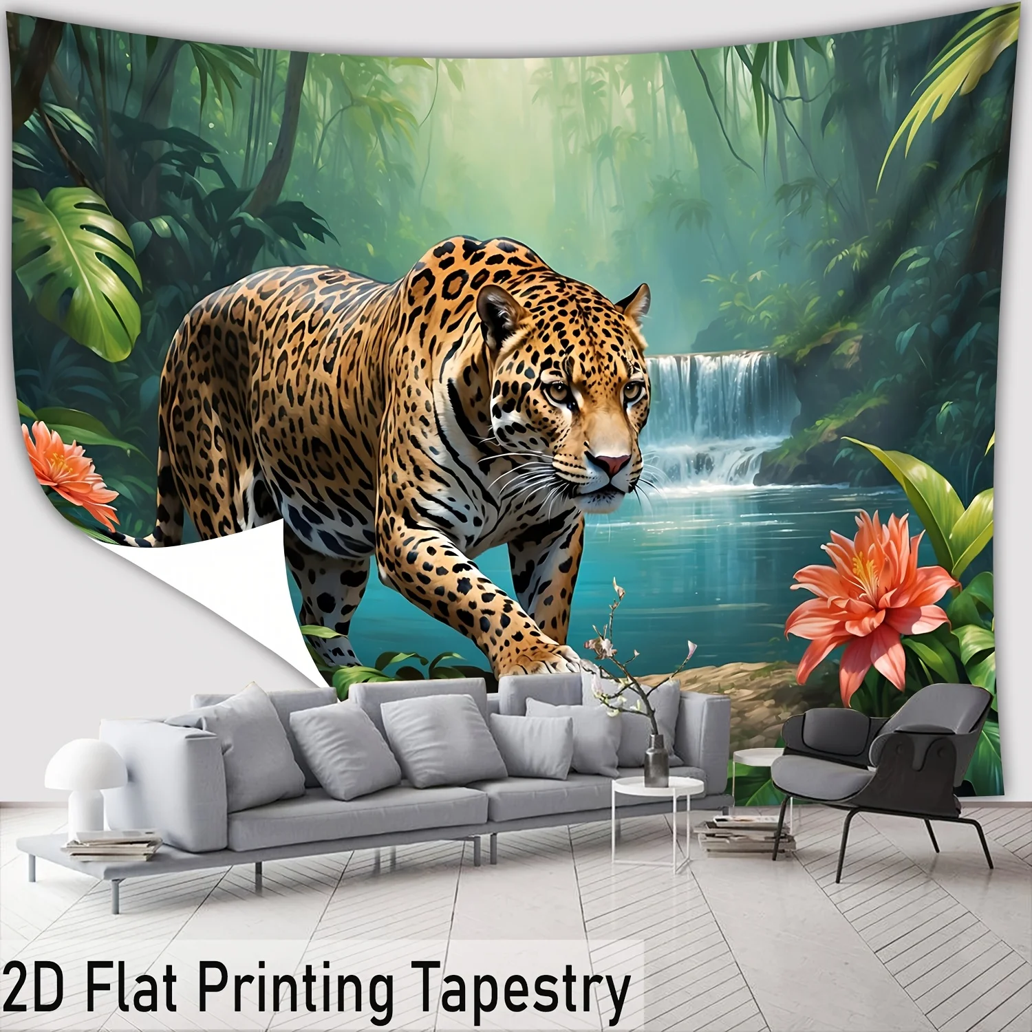 Large Waterproof Safari Jungle Tapestry Curtain Tropical Jaguar Wildlife Print for Living Room Decor Home Wall Hanging