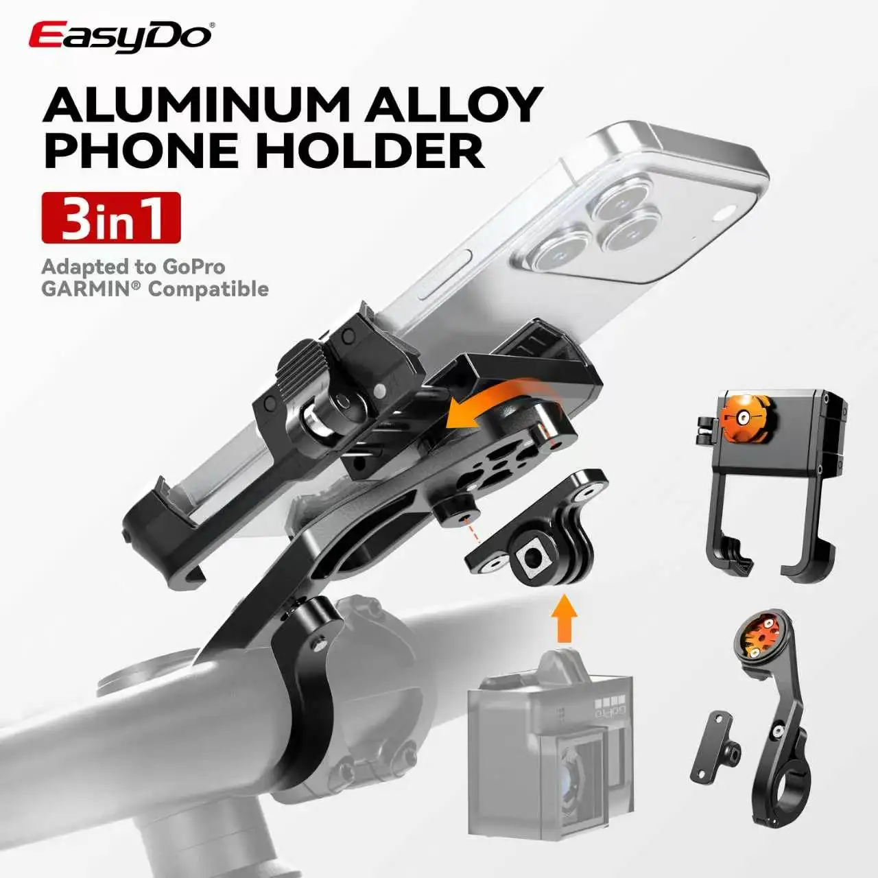 Easydo Aluminium-Fahrrad-Handyhalterung E-Scooter-Handyhalterung Anti-Vibrations-Lenker-/Vorbauhalterung für 4,7-7,2 Zoll Handys und GoPro