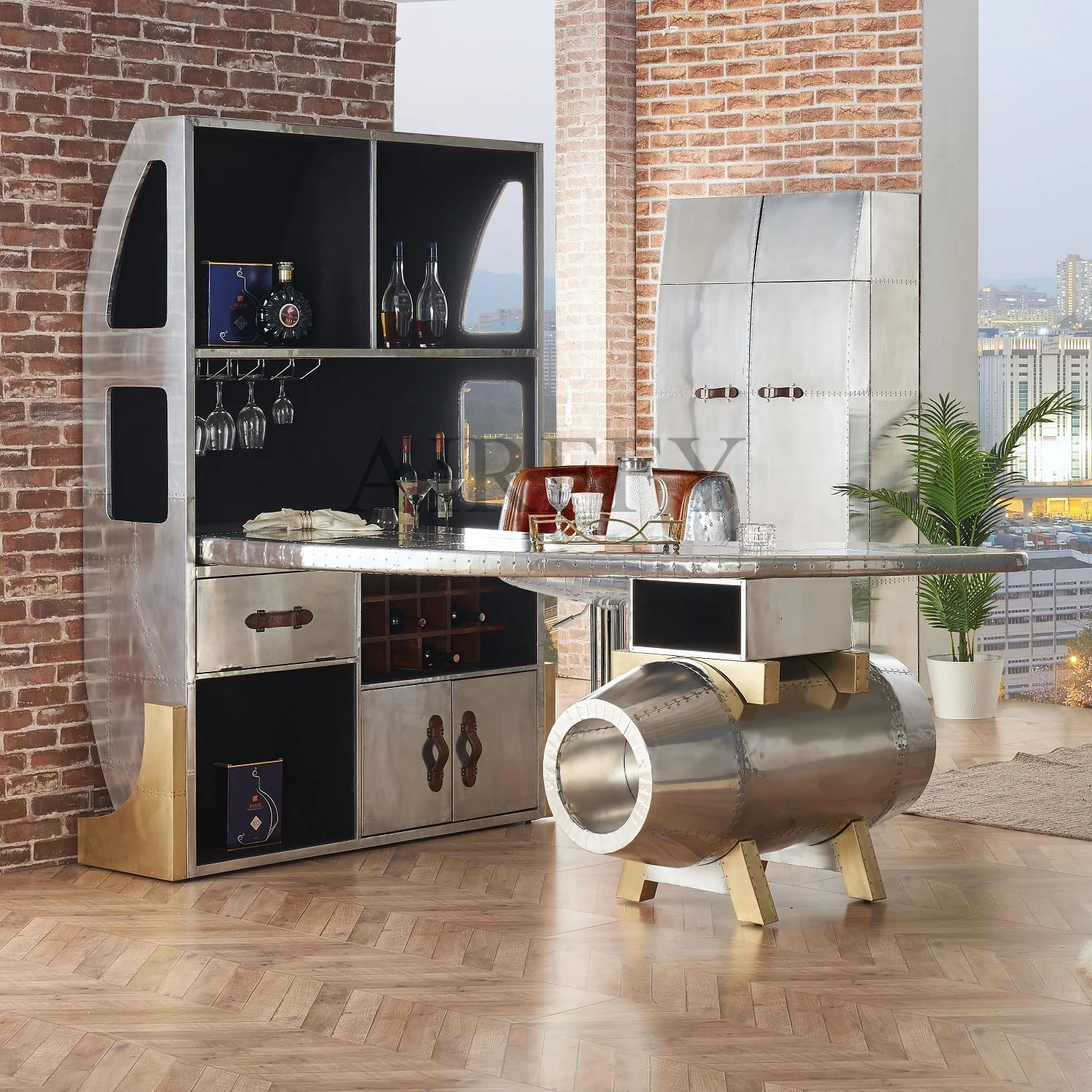 Aviation aluminum metal wing engine bar table wine cabinet combination for Club Home Bar