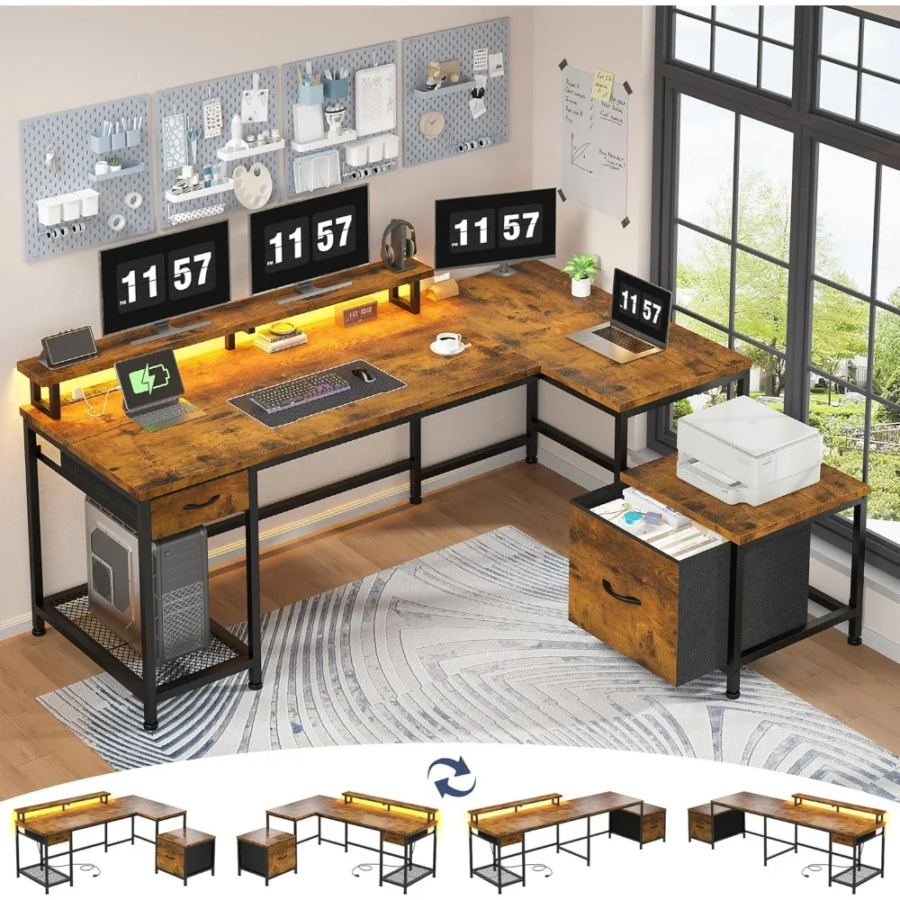 

L Shaped Office Desk, 96.5" Reversible Home Office Desk with File Drawers, LED Strip, Power Outlets & Monitor Shelf, Two Person
