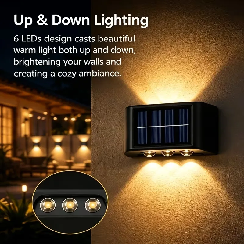 Solar Up Down Wall Light, 6 LED Solar Powered Outdoor Wall Sconce, IP65 Waterproof Solar Wash Light for Garden Patio Fence Yard