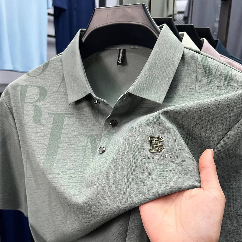 

Light luxury brand men lapel short sleeve T-shirt personality letter print silky smooth skin friendly breathable new polo shirt