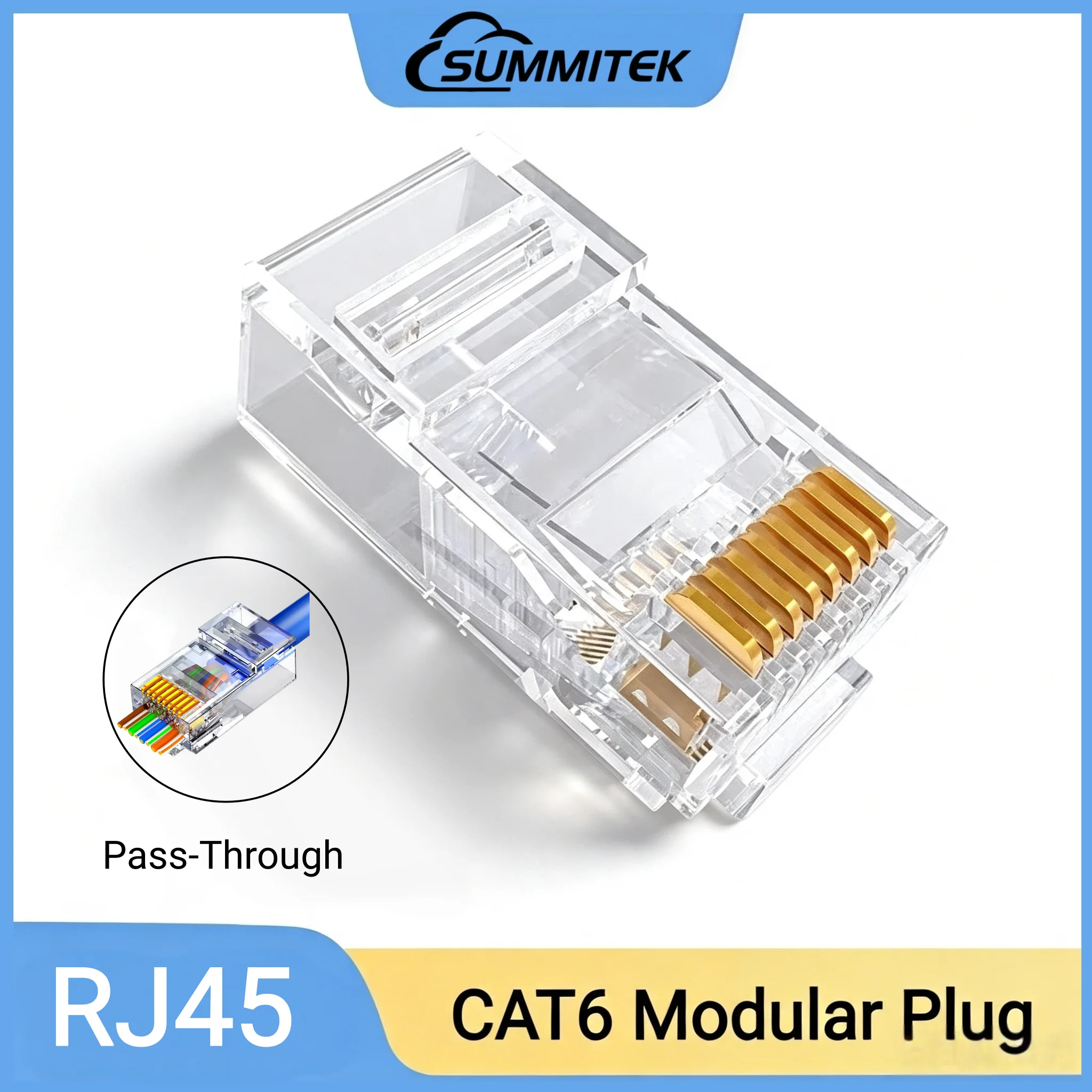 SUMMITEK 100PCS Cat6 RJ45 Connectors Pass Through UTP RJ45 Modular Plugs Gold Plated 8P8C for Cat6 Cat5e Cable