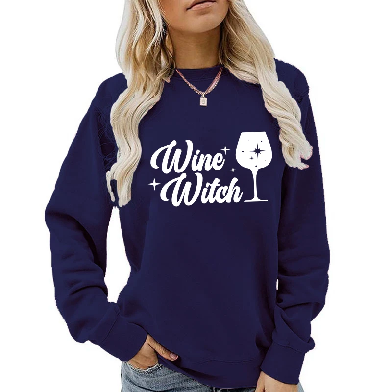 (A+Quality)Wine Witch Print Sweatshirt Woman Long Sleeve O-Neck Pullover Loose Fashion Streetwear Autumn And Winter Sport Tops