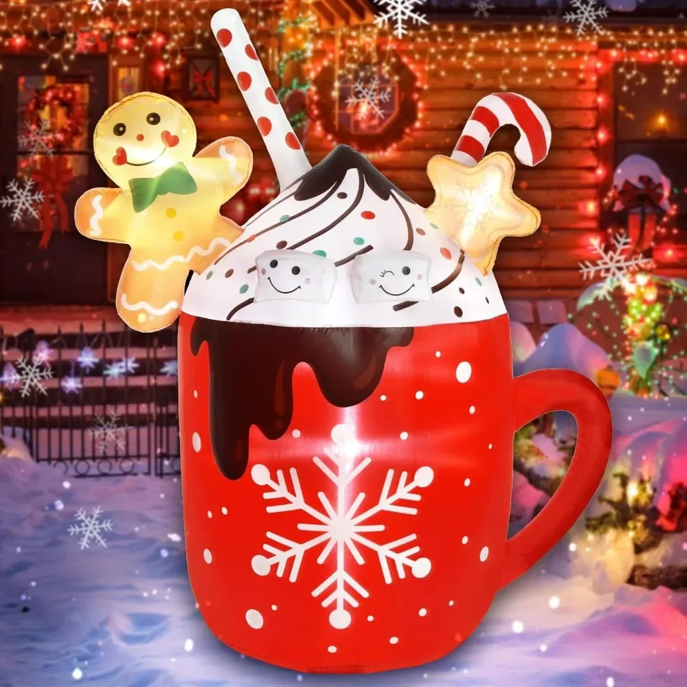 Gingerbread Inflatable, Cute Giant Gingerbread Man Inflatables Hot Cocoa Mug Candy Yard Decor Led Light , Gingerbread Inflatable