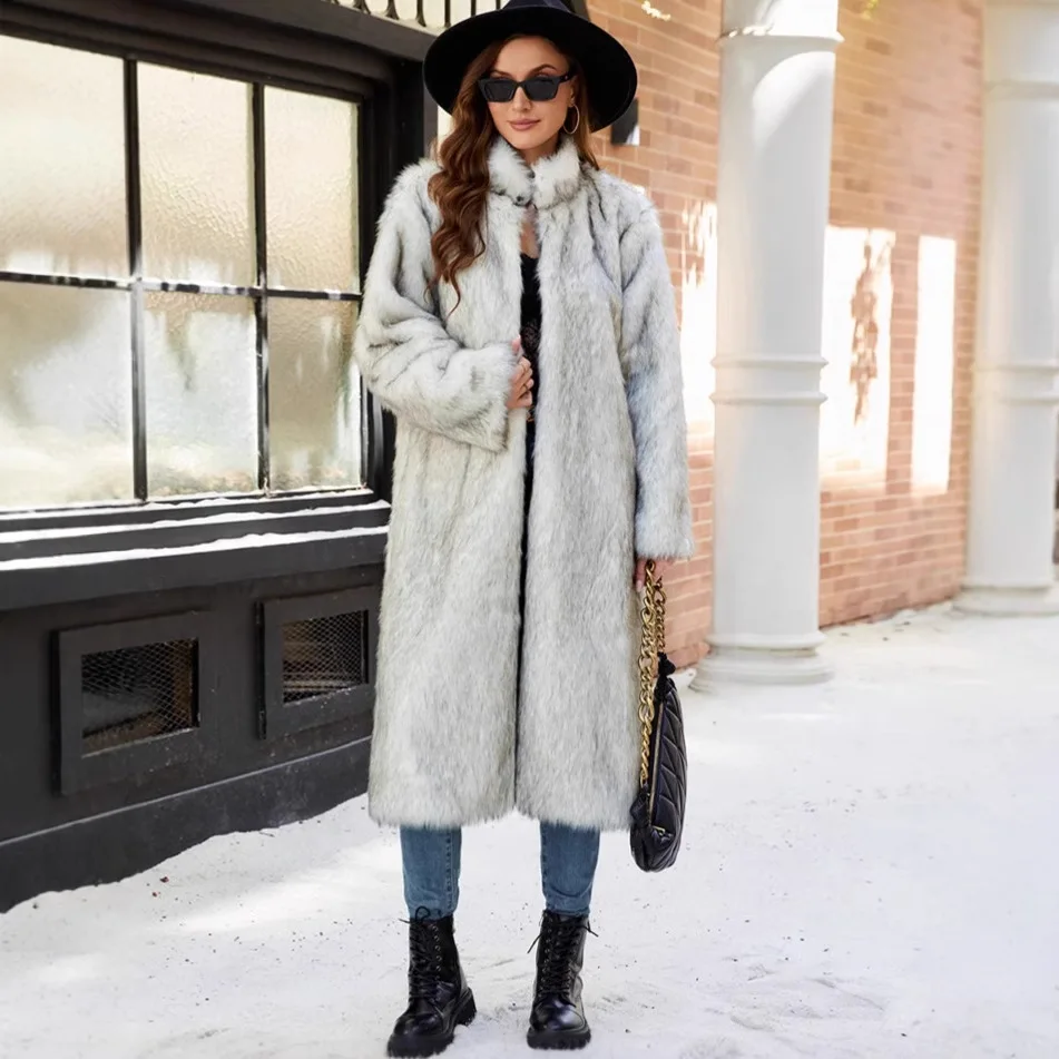 

For Lady Elegant Fluffy Female Fur Outwear Luxury Winter Women Long Eco Fur Jacket Gradient Stand Collar Artificial Fur Coat