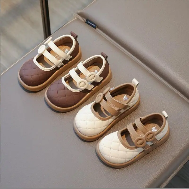 2024 Spring New Fashion Ethnic Style Girl's Diamond Grid Soft Sole Princess Shoes Children's Small Leather Shoes Beige Brown