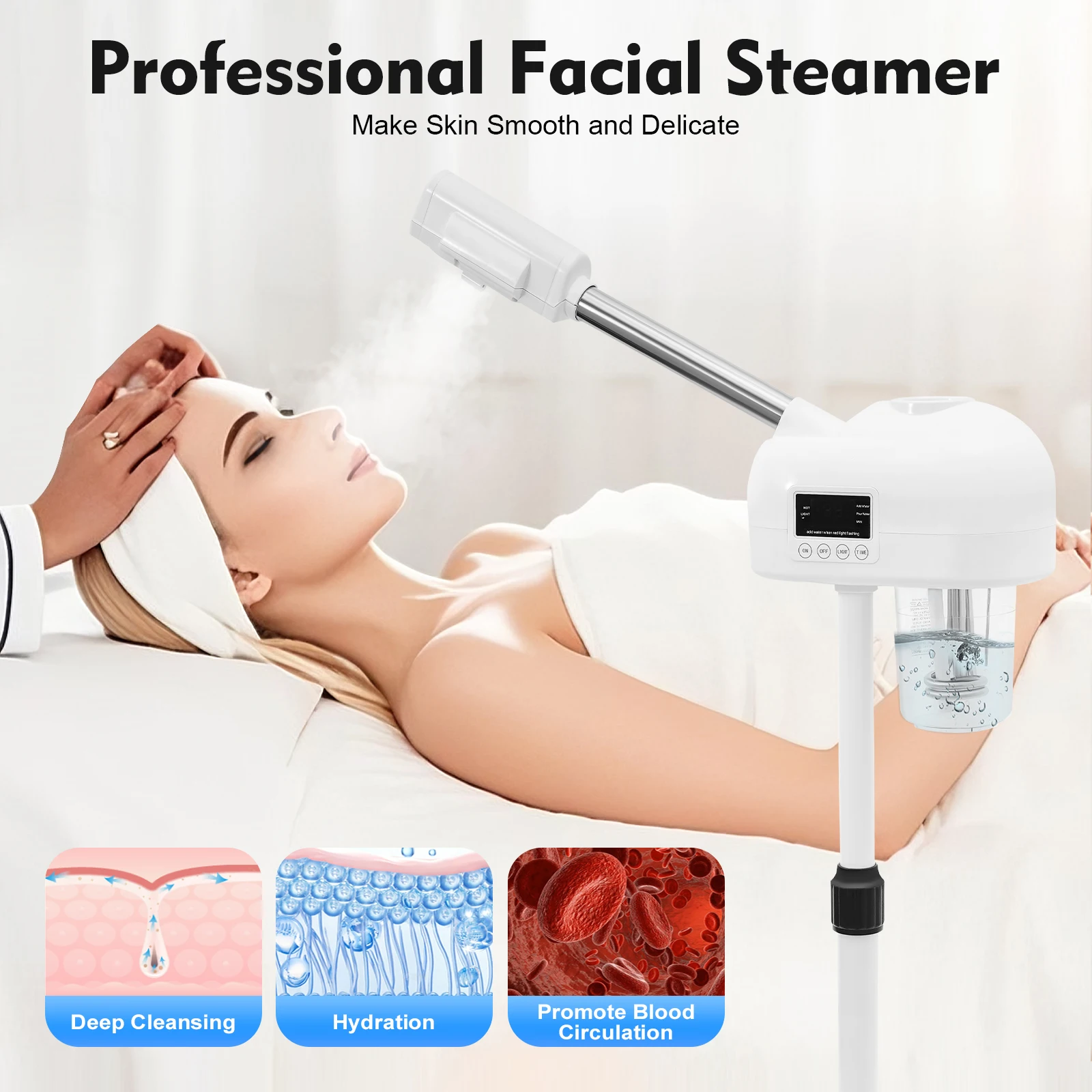 

750W Facial Steamer Professional for Clean Skin, Skin Care Machine with Hot Mist, Timer Function, Adjustable Height LCD Ozone
