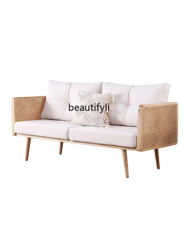 

Nordic Solid Wood Simplicity Rattan Woven Leisure Chair Three-Seat B & B Balcony Leisure Fabric Double Sofa Combination