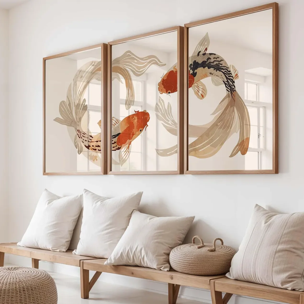 3PCS  Koi Fish Triptych Wall Art  Japanese Minimalist Poster  Neutral Beige Zen Wall Decor  Canvas Paintings for Room Decor