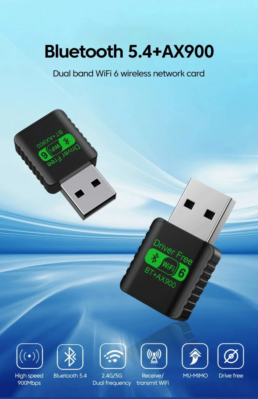 Wifi 6 Mini USB Dongle Network Card BT 5.4 Adapter Receiver 2-in-1 Dongle AX900 Suitable for Laptop PC Dual Band 2.4G/5GHz - view 4