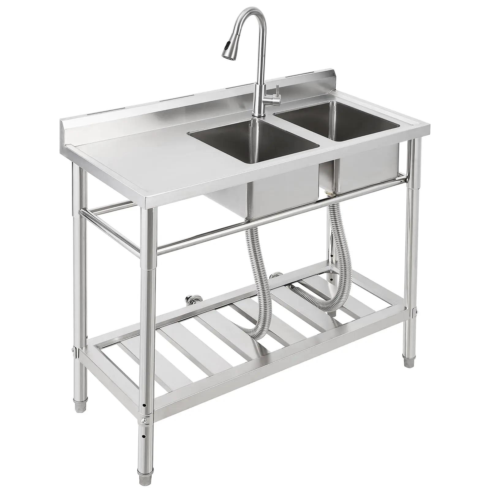 

Commercial Freestanding Sink With Faucet, Workbench, 2 Bowl and Drainboard, Utility Stainless Steel Kitchen Sink