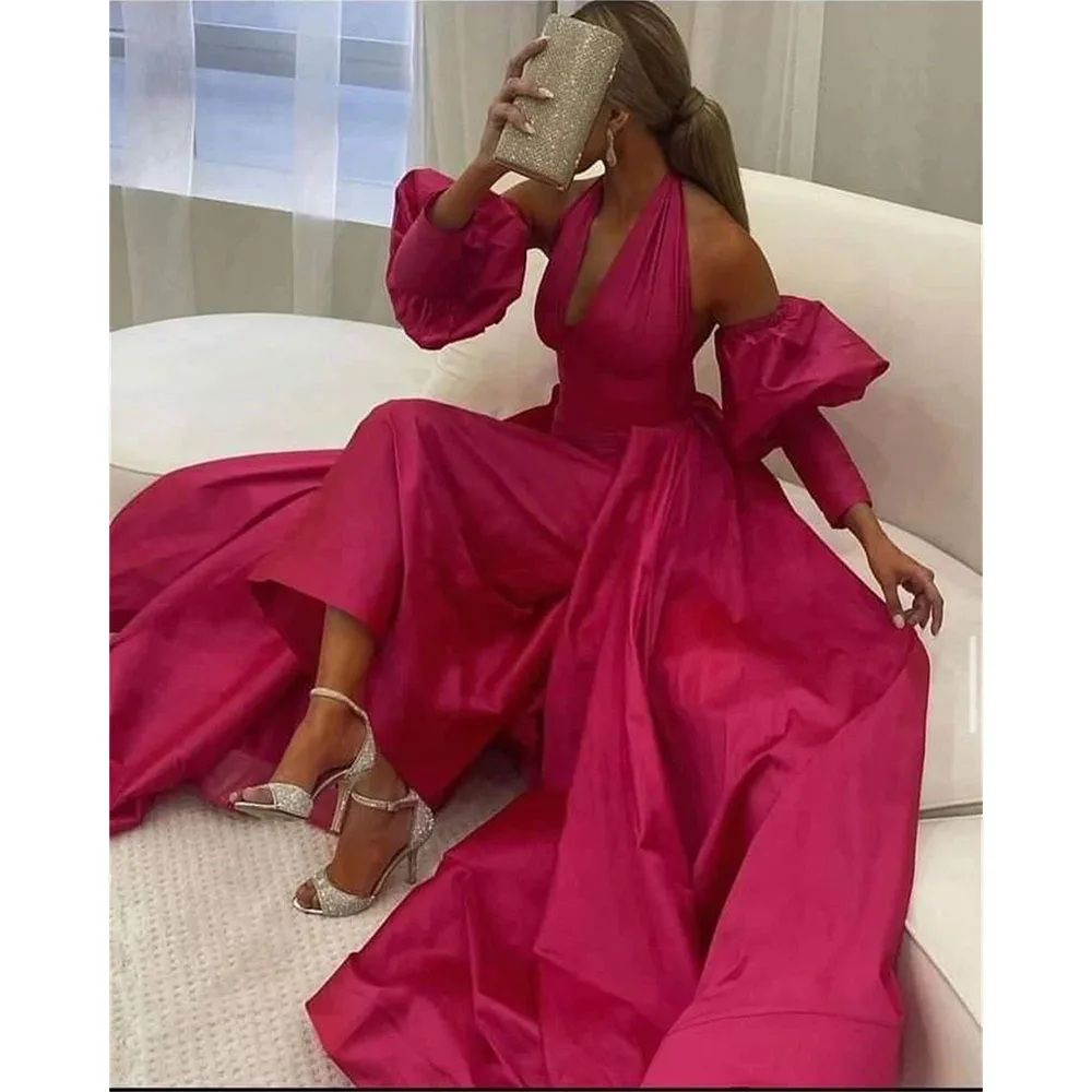 

Romantic Prom Gown for Women Halter Detachable Sleeves A-line Backless Floor-Length Evening Party Dresses فساتين للحفلات الراقصة