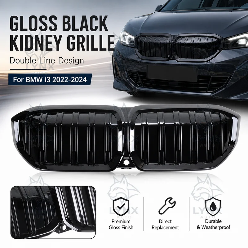 For BMW i3 2022-2024 Double Line Gloss Black Kidney Front Grille, Full Gloss Black Replacement Double Bar Grille