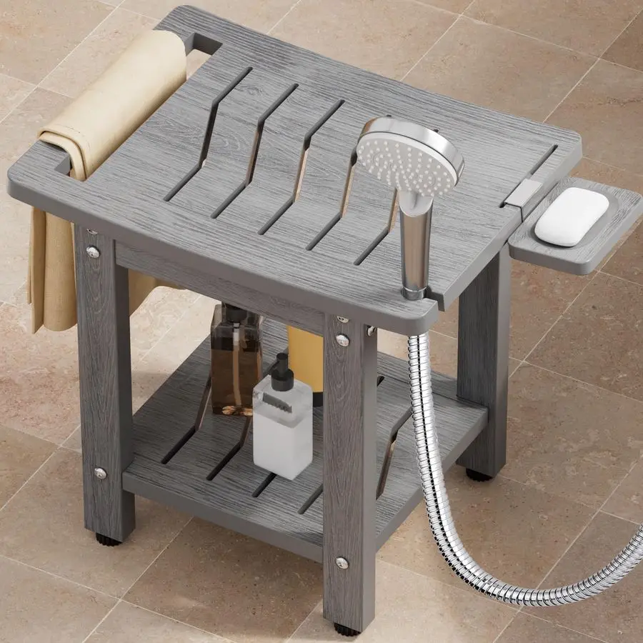 

Стул для душа для внутреннего душа, нескользящий, водонепроницаемый, без обслуживания, грузоподъемность 500 фунтов, табурет для душа с полкой усилителя