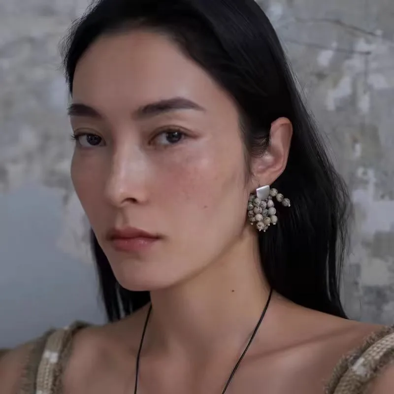 

Australian Zebra Stone & Natural Bodhi Stone Tassel Beaded Earrings and Pendant Necklace - Unique, Vintage Necklace M134