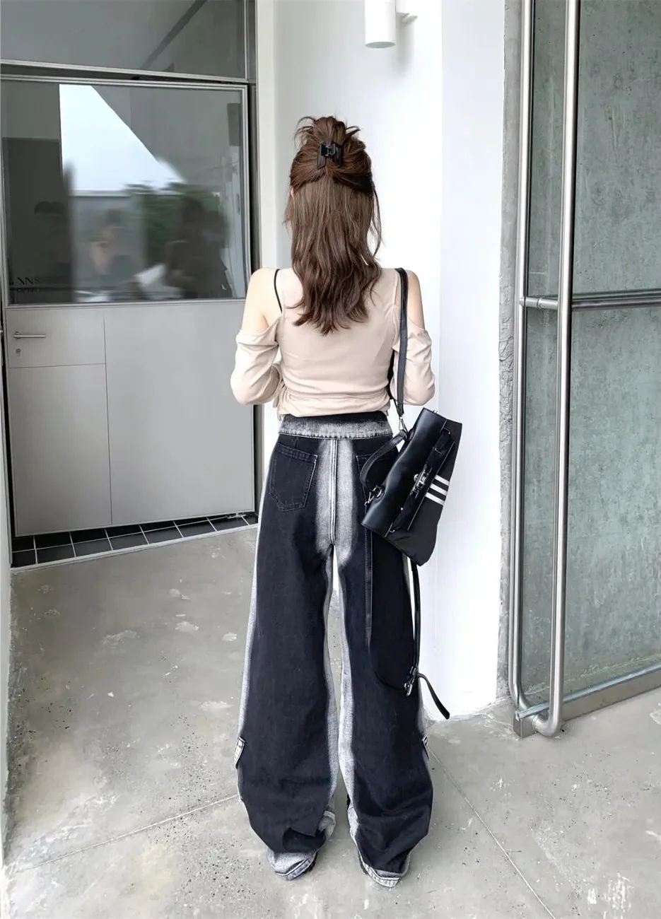 American Retro Gradient Jeans Female Spring Autumn New Niche High Waist Flanging Design Drape Loose Straight Wide-Leg Pants