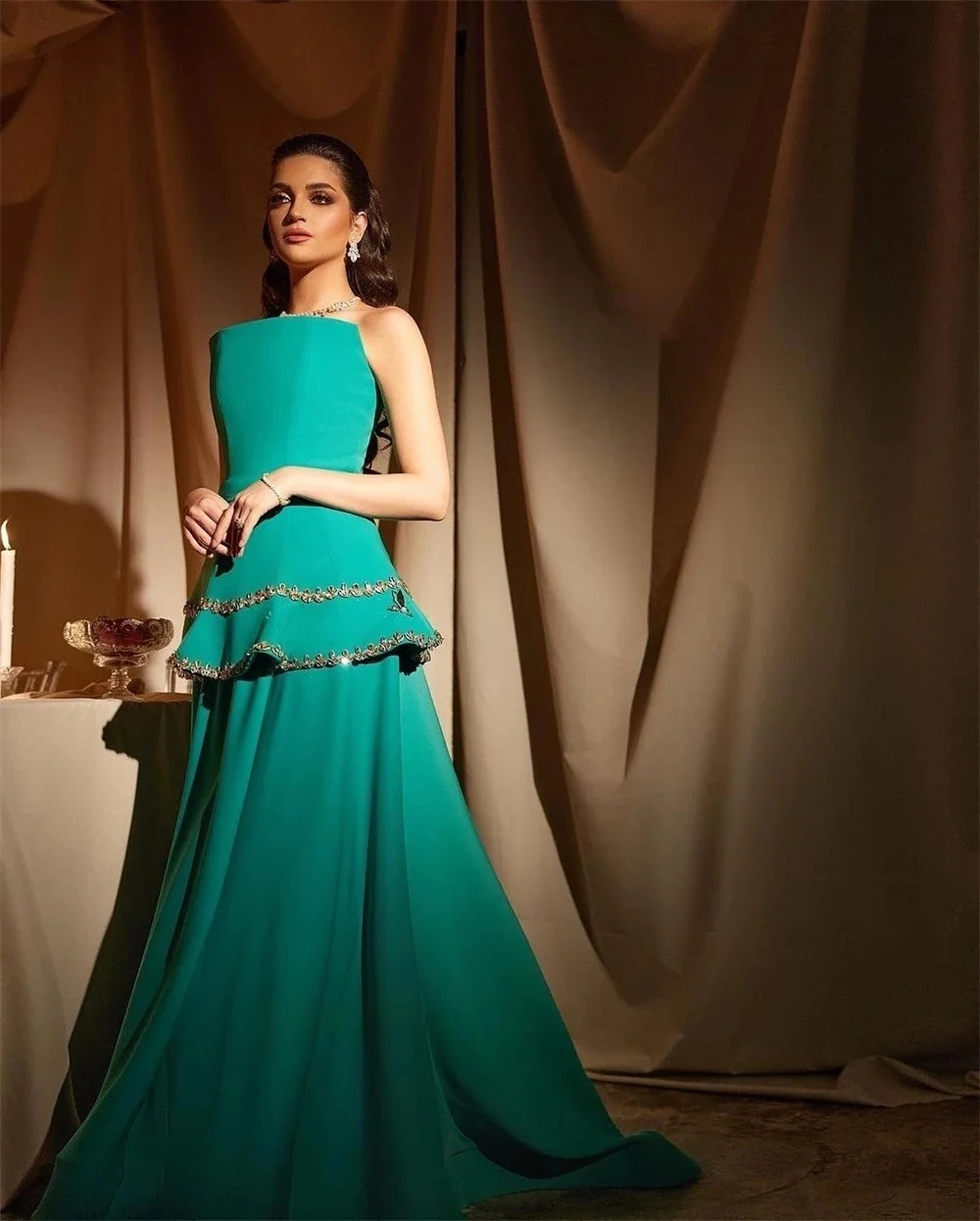 

Green Beaded Formal Long Bespoke Occasion Gown Evening Dresses Pastrol Unisex Jersey Retro Dubai Saudi Arabic Prom Customized