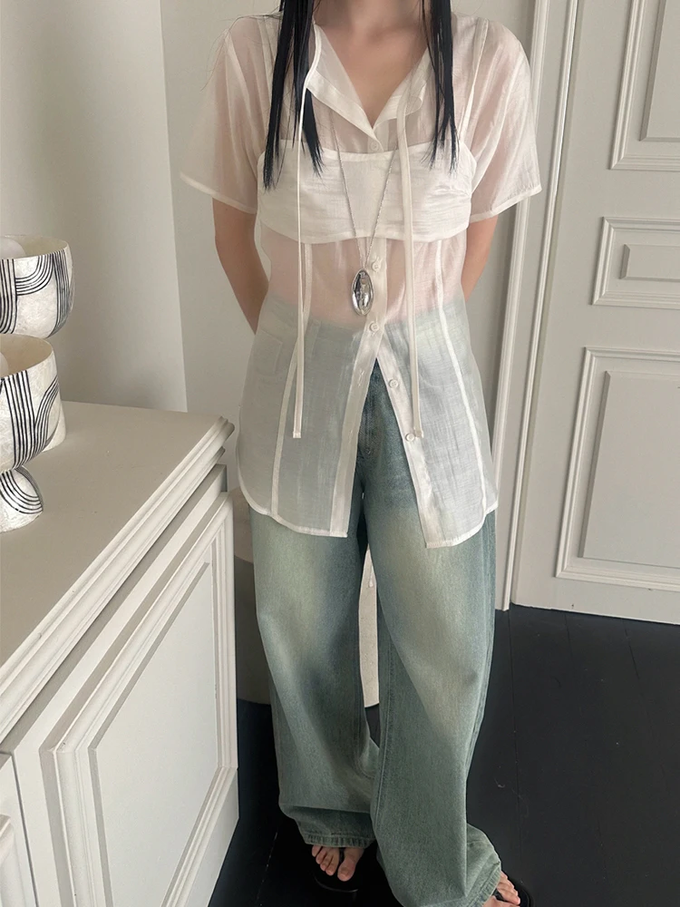 

Sun Protection 2 Piece Sets Women See Through Harajuku Single Breasted Shirt + Streetwear Crop Vest Y2k Aesthetic Outfits Suit