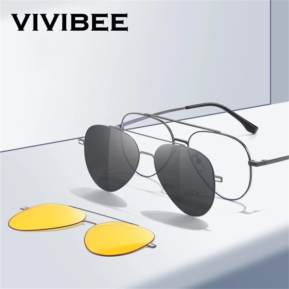 VIVIBEE Aviation Magnetic Polarized Clip On Sunglasses Pilot Men Night Vision Eyeglasses Frame UV400 Women Sunshade