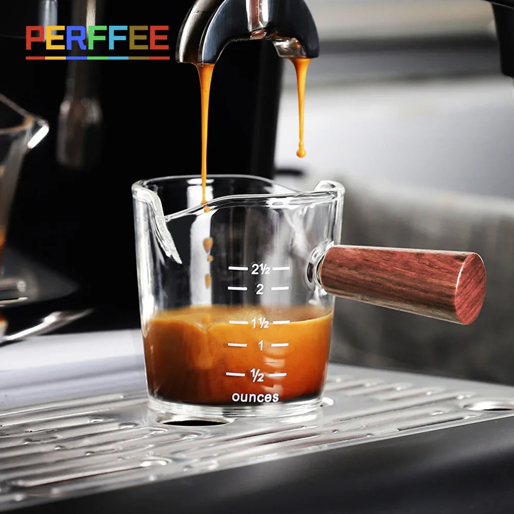 

60/70/75ML Wooden Handle Glass Espresso Measuring Cup Еspresso Shot Glass Double Spout Coffee Shot Glass Milk Coffee Measure Jug