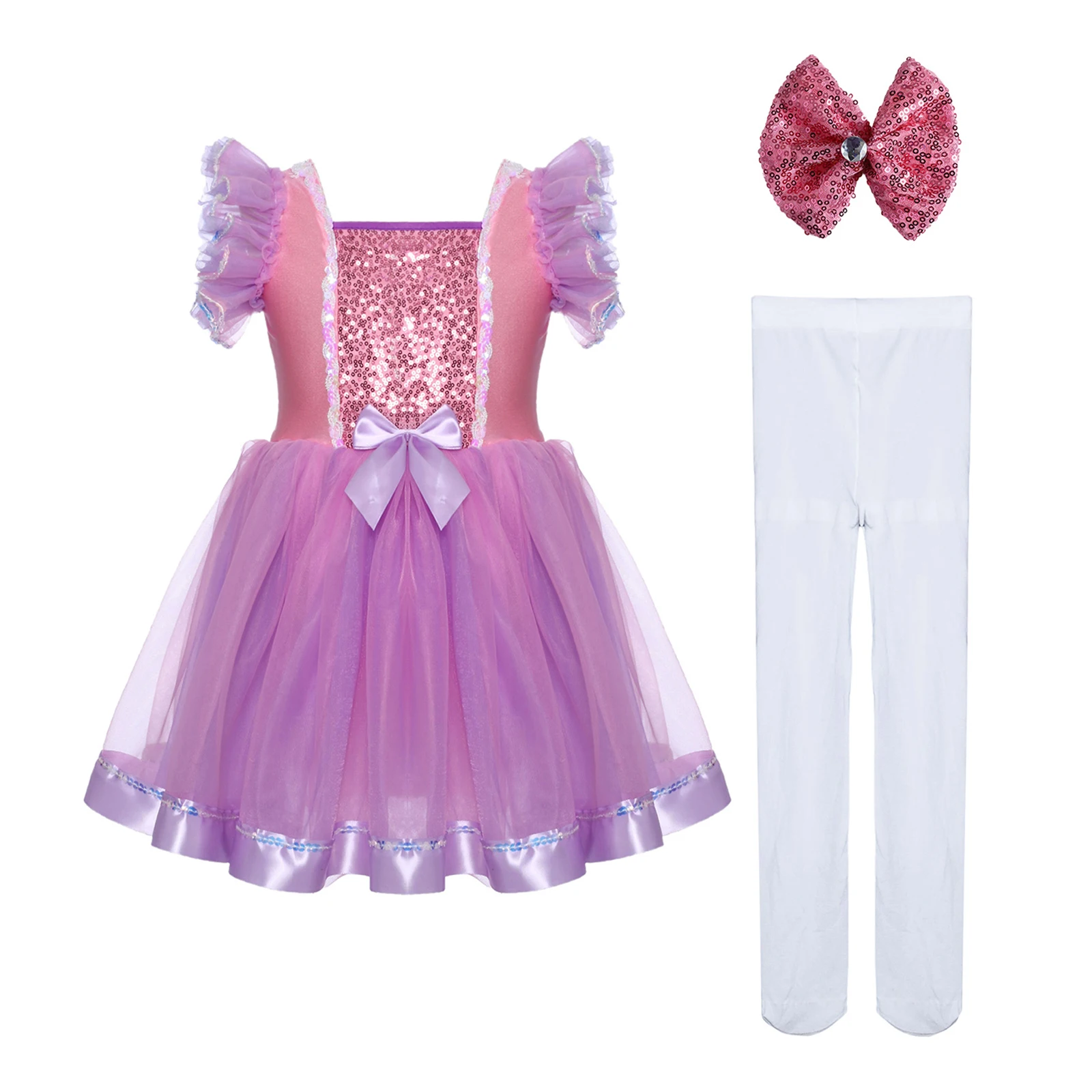 

Kids Girls Ballet Dance Costume Ruffled Sleeves Sequins Bodice Bowknot Layered Tutu Dress+Headwear+Pantyhose Ballerina Dresses