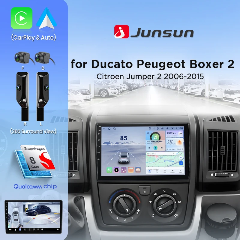 Junsun 360 ° Caméra panoramique autoradio pour Fiat Ducato Peugeot Boxer 2 citroën Jumper 2 2006 - 2015 sans fil CarPlay Android Auto