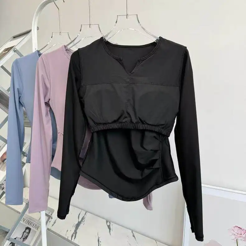 

Женская облегающая футболка с V-образным вырезом для йоги, быстросохнущая, утягивающая, для фитнеса и бега, повседневная спортивная модная кофта с длинным рукавом