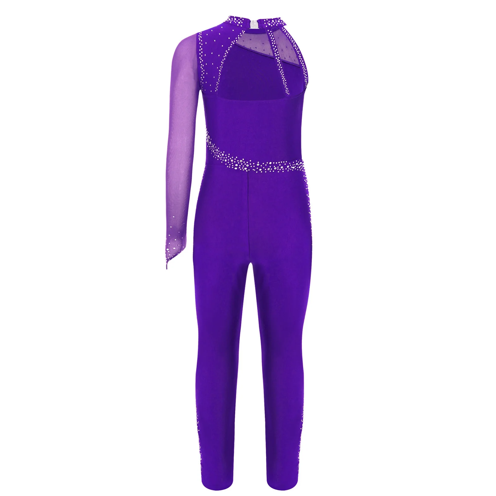 Kids Girls Gymnastics Figure Skating Dance Jumpsuit One Shoulder Sheer Mesh Patchwork Sparkly Rhinestones Full Body Leotard