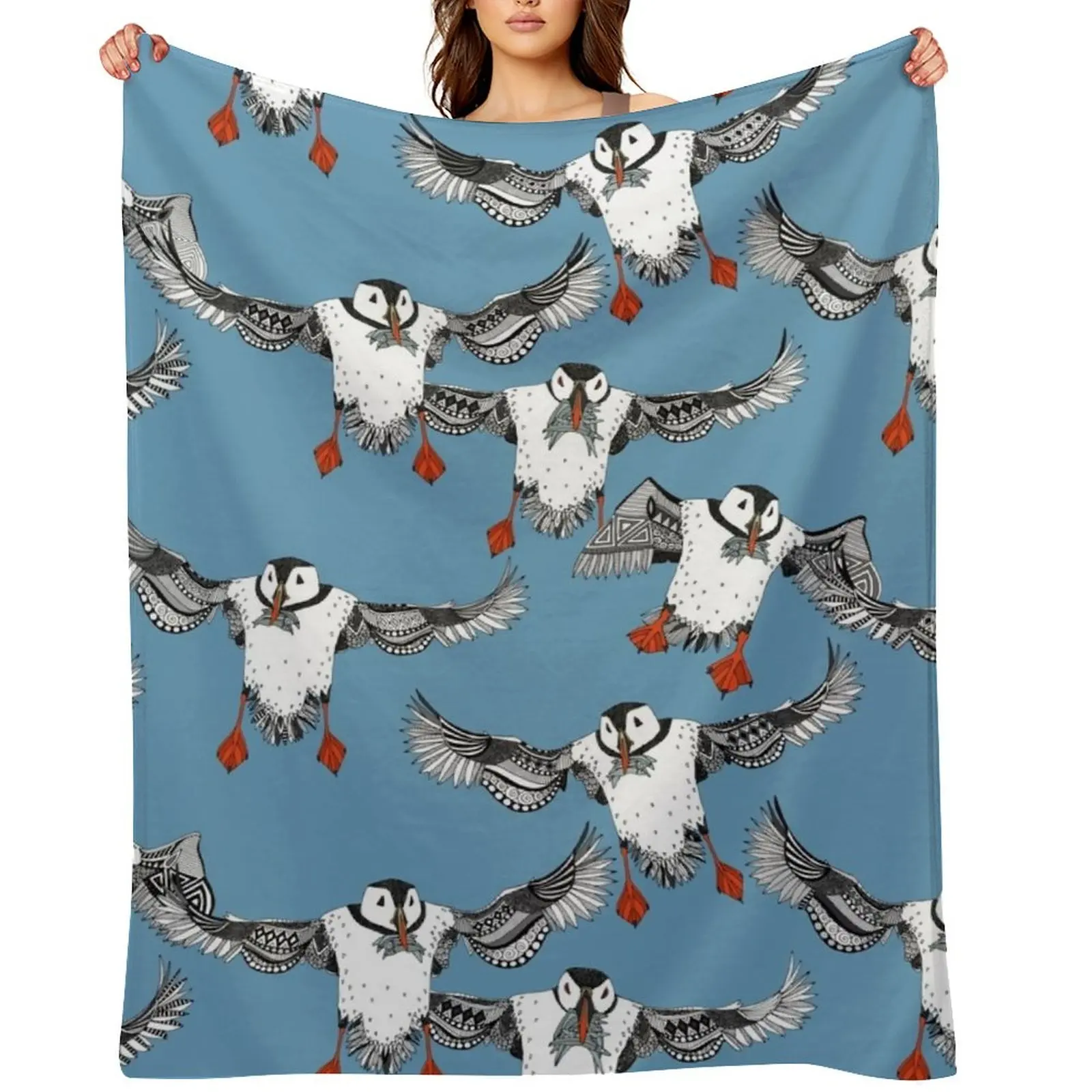 

Atlantic Puffins blue Throw Blanket sofa bed blankets and throws Luxury St Flannel Blankets