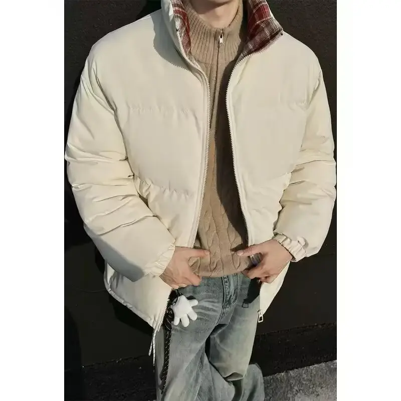 

Autumn Winter Large Size Plaid Cotton Jaet Men's Loose Casual Thiened Stand Collar Cotton Coat Youth Faion Polyester Fiber