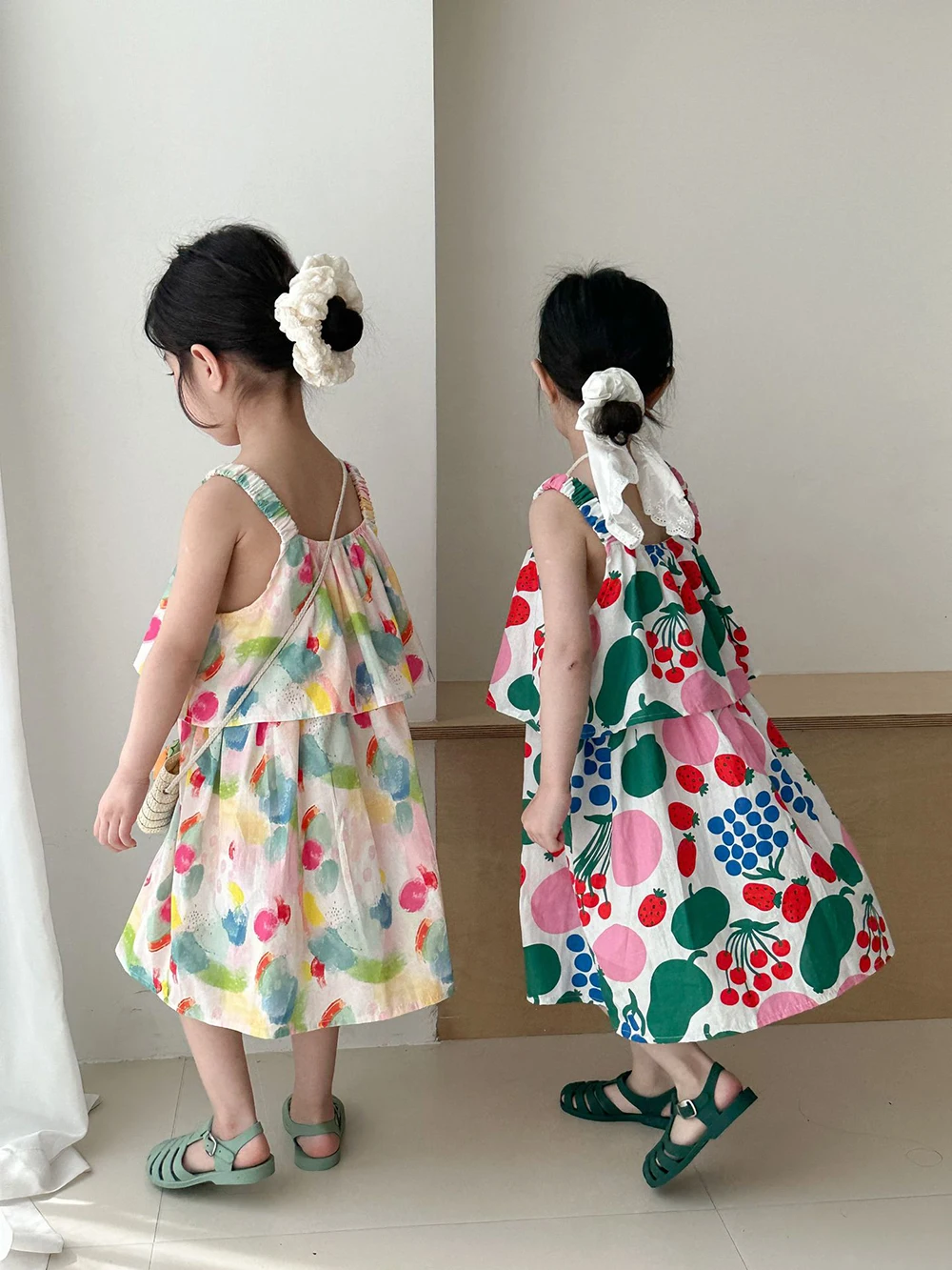 Kids Sling Backless Dress 1-9 Years Fruit Print Sister Sets Summer Dresses With Bag