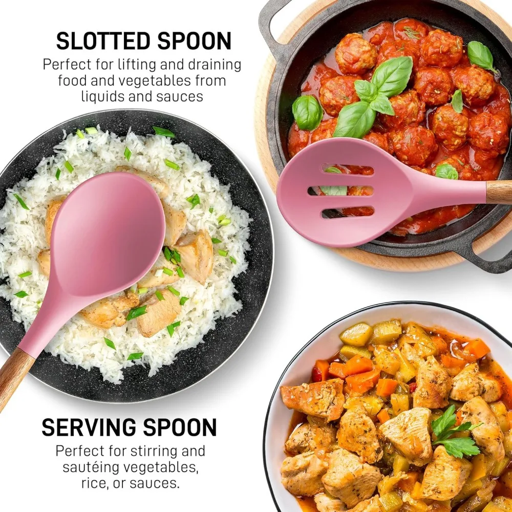 Single Silicone Slotted Spoon with Wood Handle, Heat Resistant Kitchen Straining Spoon for Nonstick Pans
