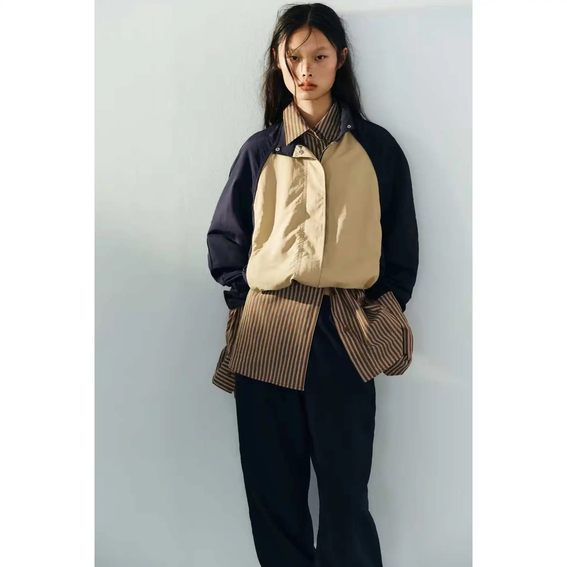 Fashionable Loose Color Block Stand Collar Jacket And Pants Set Women's Autumn Collection Two-Piece Suit Versatile Outerwear