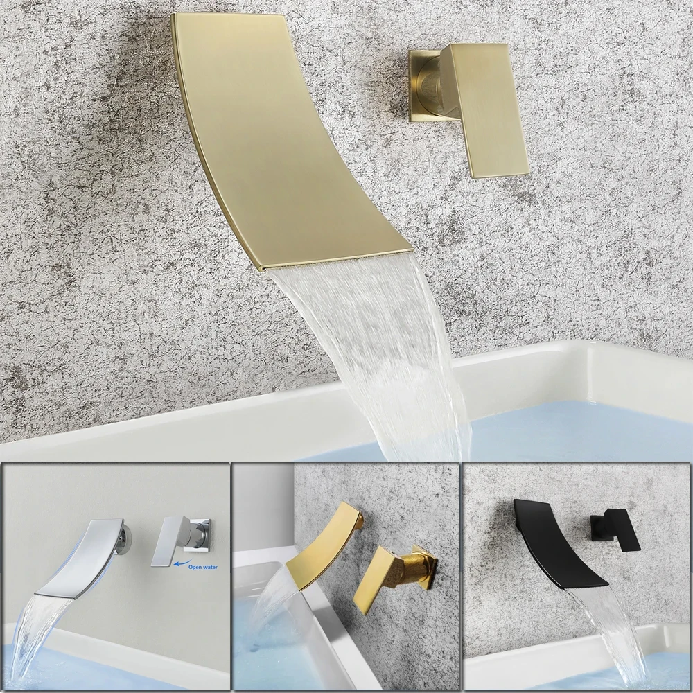 

SKOWLL Waterfall Bathtub Faucet Wall Mount Bathroom Tub Faucet 2 Hole Vanity Sink Mixer Tap, Brushed Gold SK-3303