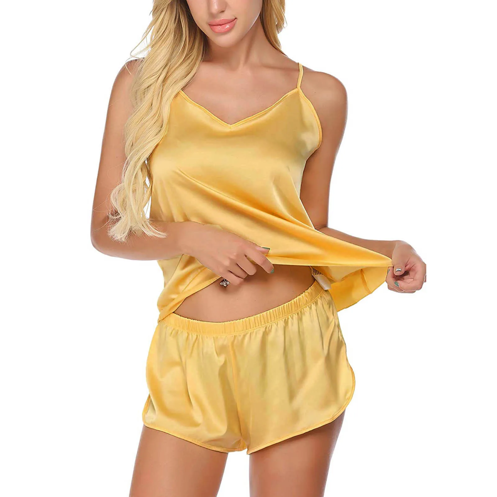 Two Piece Suit Women Pajamas Sexy Sling V Neck Sleepwear Satin Top And Shorts Splicing Lace Solid Nightclothes Female Pijama Set