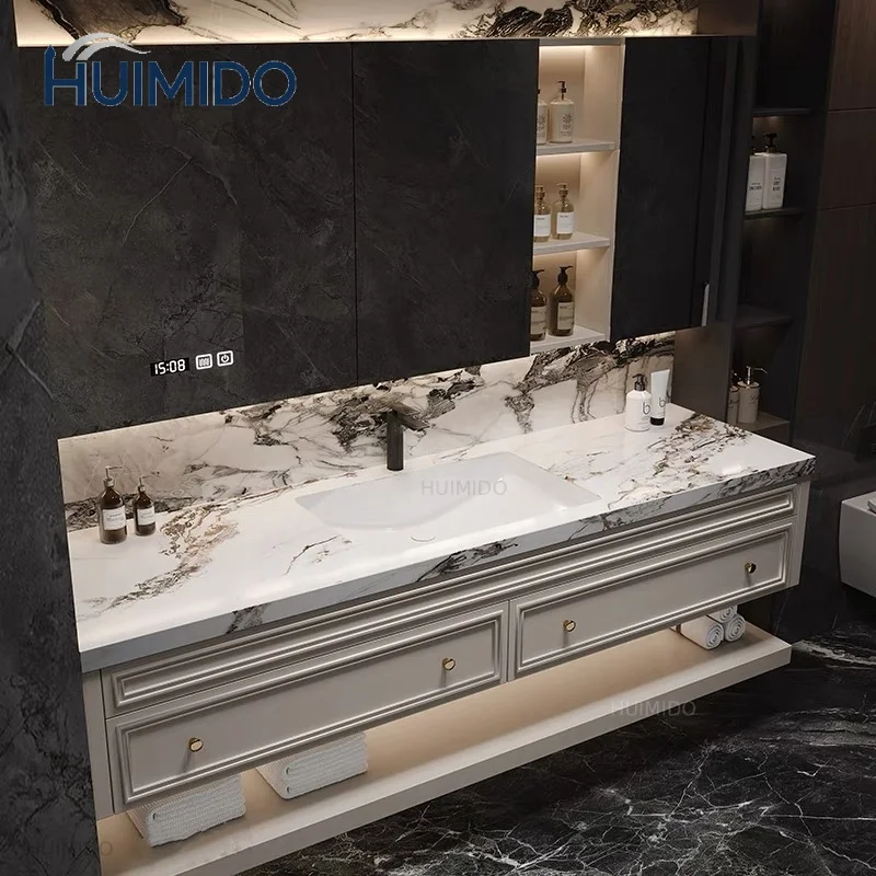 French-Style Seamless Integrated Double Basin Oak Bathroom Vanity Unit with Washbasin And Sink for Enhanced Bathroom Elegance