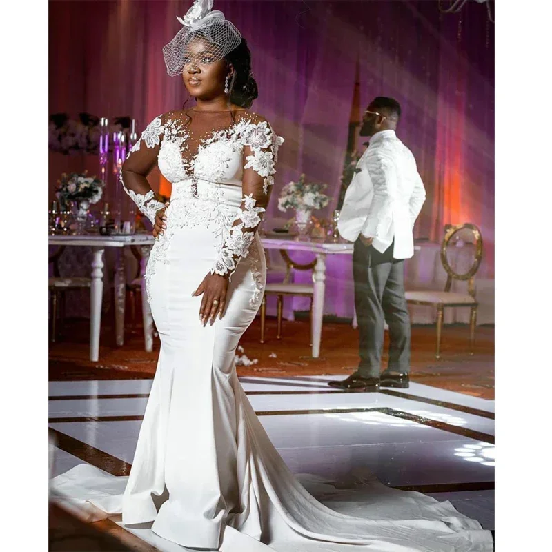 Customized Plus Size Mermaid Satin Wedding Dresses Bride Gowns Long Sleeve Beaded Crystal Lace Appliqued Court Train