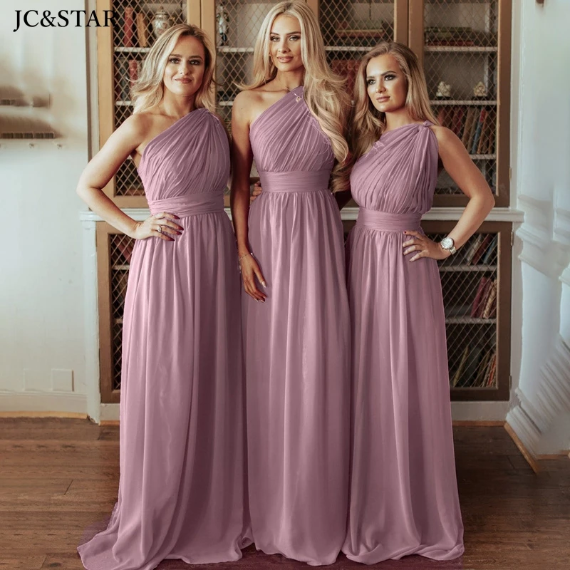 Dusty pink lavender bridesmaid dress long chiffon one shoulder vestidos de boda invitada elegant robe ceremonie femme Boho abiti