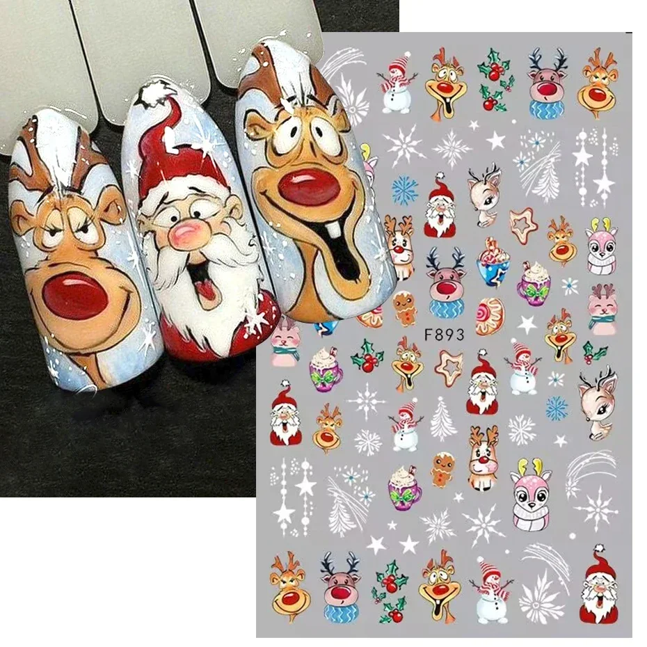 Autocollant de manucure pour ongles, dessin animé joyeux noël, mignon père noël cerf bonhomme de neige, décalcomanies de noël, feuilles du nouvel an 2024, accessoires et fournitures