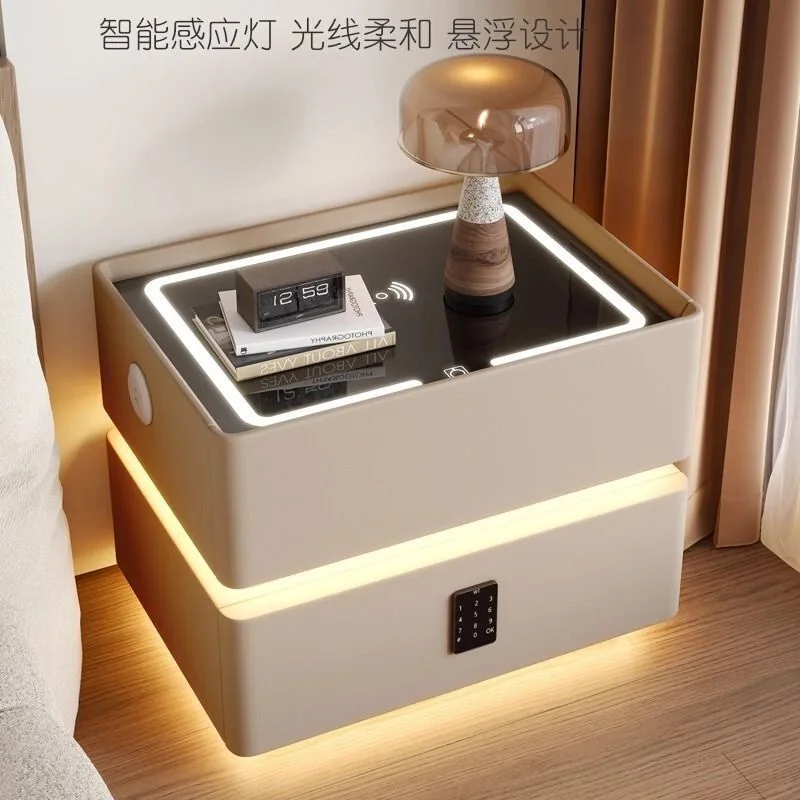 Light luxury modern smart bedside table simple multi-function suspended solid wood bedroom with lamp