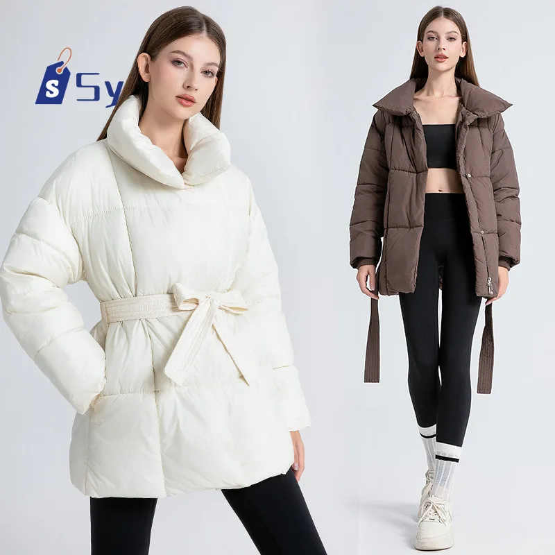 Sy Winter Stand Collar Pike Cotton Coat Women's Belt Cotton Jacket Fashionable And Elegant Solid Color Women's Cotton Clothing