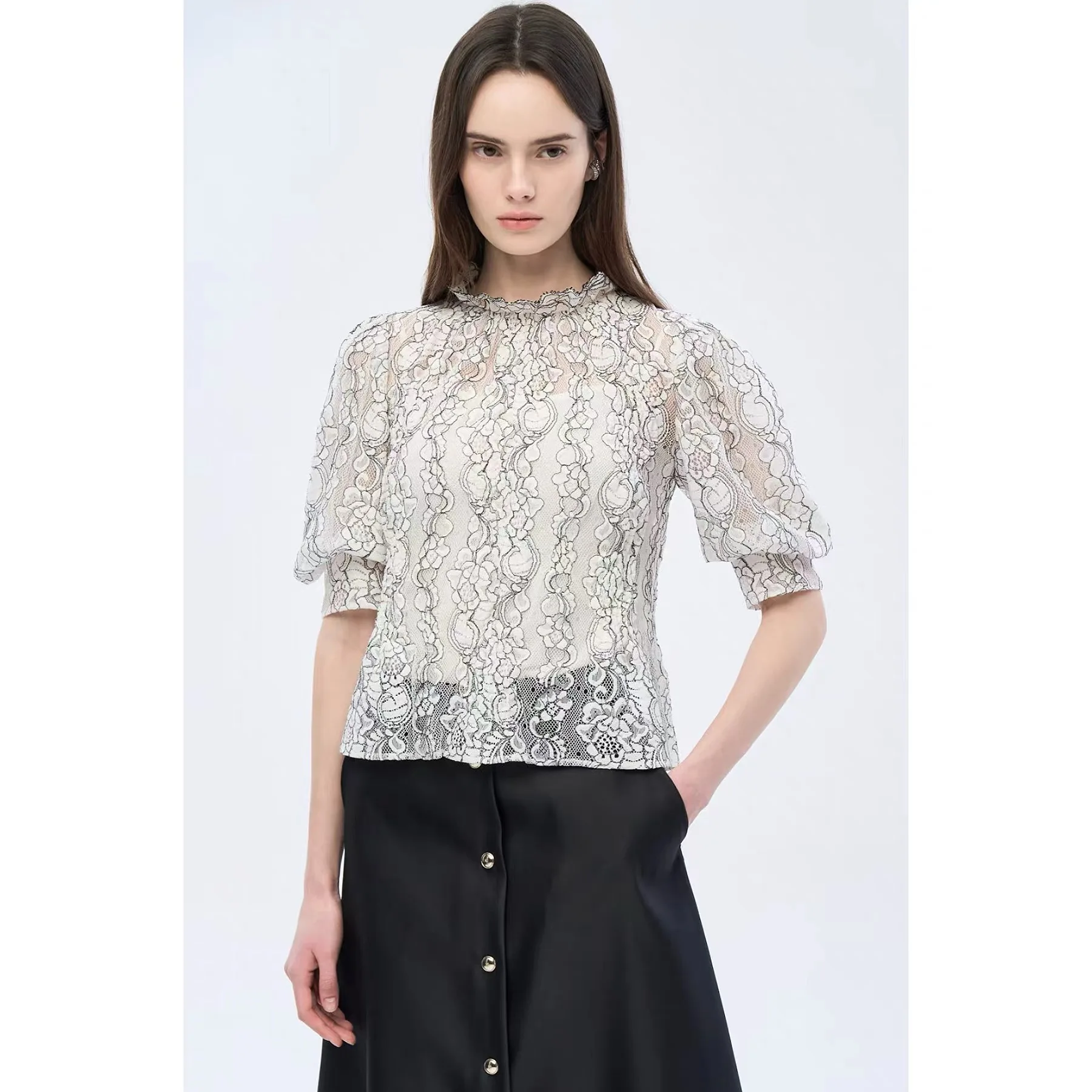 

Elegant Embroidered Lace Lemon Cheese Top round Neck Bubble Sleeve Versatile Summer Spring Commute Style Women's Shirt