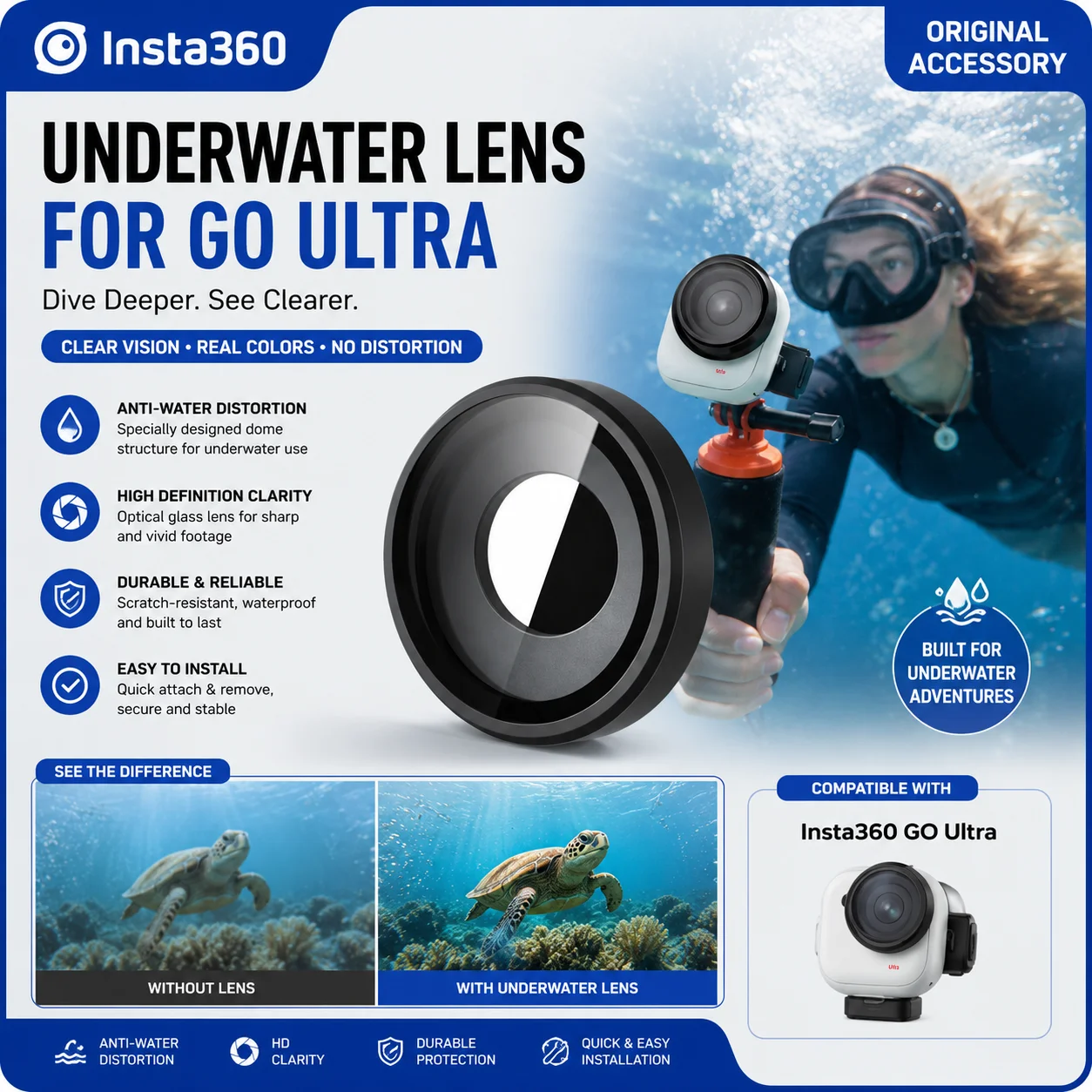Insta360 GO Ultra onderwaterlens Duikbeschermend filter Anti-watervervorming Helder zicht Optisch glasaccessoire