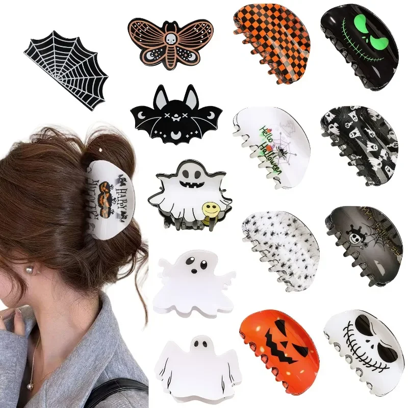 Halloween Hair Claws Non Slip Pumpkin Ghost Spider Web Bat Printing Acrylic Barrettes Hair Clip Accessories for Women Girls Gift