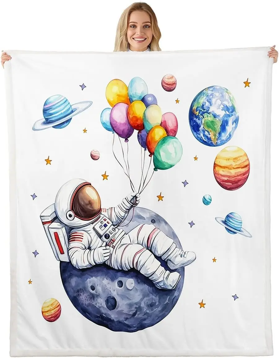 

Cute Astronaut Sherpa Blanket Watercolor Balloon Lightweight Polyester Blanket Universe Planets Fleece Blanket Starry Galaxy