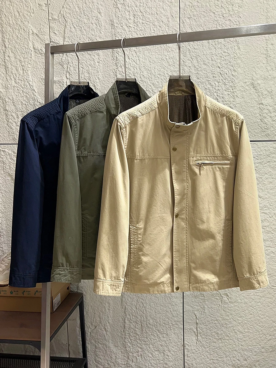 

Washed Cotton Stand Collar Jacket Men's Outdoor Casual Style Breathable Long Sleeve Standard Fit American Retro Motorcycle Wind