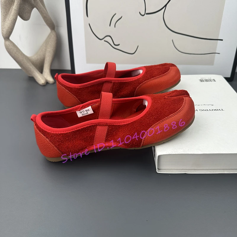 Split Toe Shallow Flat Casual Shoes for Women Summer New Red Yellow Round Toe Mary Jane Shoes Patchwork Comfortable Female Pumps